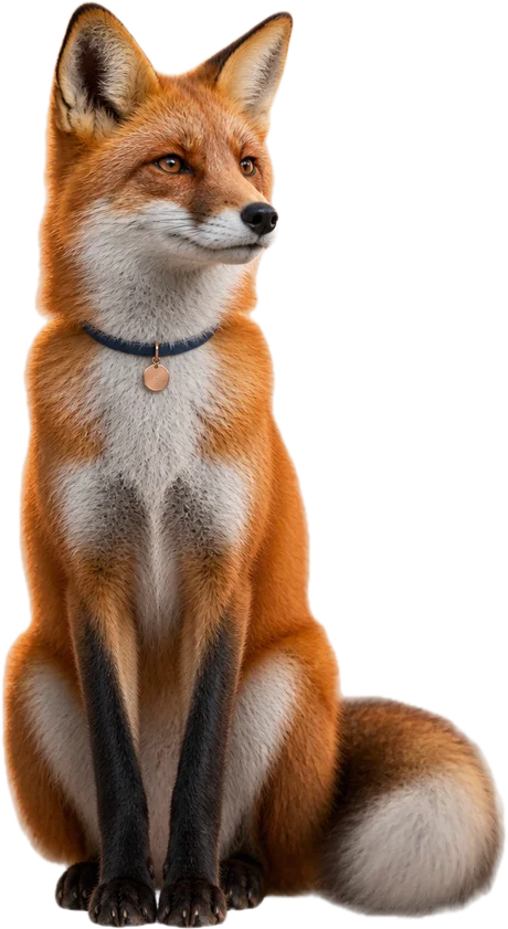 Reynar, a red fox, sitting upright